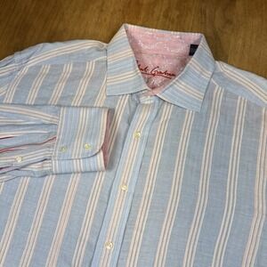 Robert Graham Button Shirt Mens XL Blue Stripe Long Sleeve Flip Cuff Embroidered